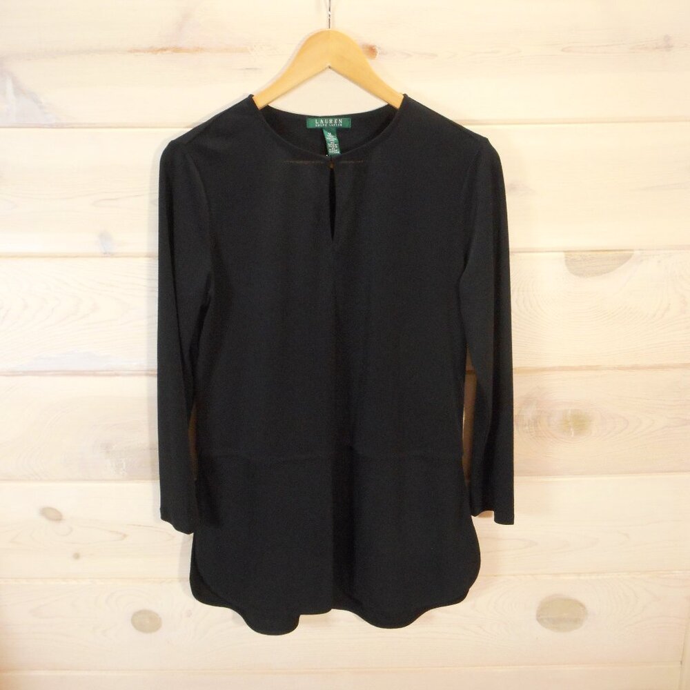Lauren Ralph Lauren LRL Womens M Black Tunic Top Stretch Keyhole Neckline Blouse